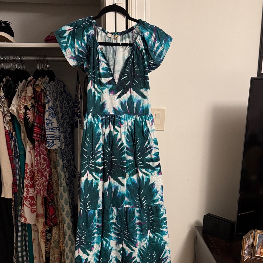 Marie Oliver Teal and White Tropical Maxi Dress